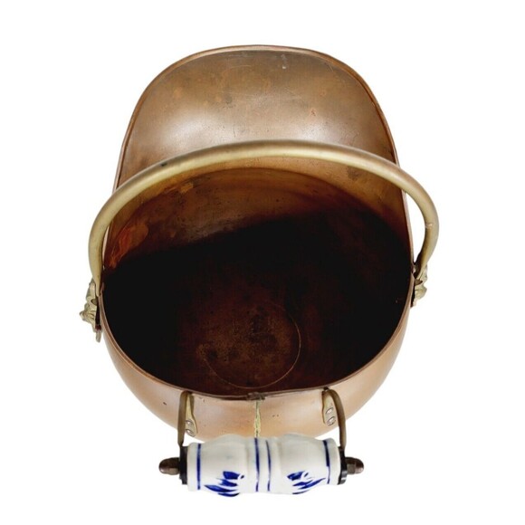 Antique Copper Brass Lion Head Hot Ash Scuttle Bucket Delft Porcelain Handle - Picture 10 of 13